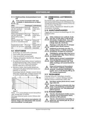Page 261261
EESTIKEELNEET
Algupärase kasutusjuhendi tõlge
5.7.2 Elektroonilise ohutussüsteemi kont-roll
Enne masina kasutamist tuleb alati 
veenduda, et ohutu ssüsteem on töökor-
ras.
5.8 KÄIVITAMINE1.  Kontrollige, kas käitusvõll on lahutatud. 
2.  Ärge hoidke jalga gaasipedaalil. 
3.  Viige drosselihoob veerandi peale. 
4. Vajutage piduripedaal  täielikult alla. Märgutuli 
(1:I4) peaks süttima.
5.  Kui peate käivitama külma mootori madalama- tel õhutemperatuuridel,  tuleks mootorit eelsoo-
jendada. Vt 3.4.4.2....