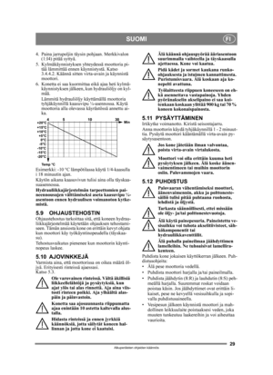 Page 2929
SUOMIFI
Alkuperäisten ohjeiden käännös
4.  Paina jarrupoljin täysin pohjaan. Merkkivalon 
(1:I4) pitää syttyä.
5.  Kylmäkäynnistyksen yhteydessä moottoria pi- tää lämmittää ennen  käynnistystä. Katso 
3.4.4.2. Käännä sitten  virta-avain ja käynnistä 
moottori.
6. Konetta ei saa kuormittaa  eikä ajaa heti kylmä-
käynnistyksen jälkeen, kun hydrauliöljy on kyl-
mää.
Lämmitä hydrauliöljy kä yttämällä moottoria 
tyhjäkäynnillä kaasuvipu ¼-asennossa. Käytä 
moottoria alla olevassa käyrästössä annettu ai-...