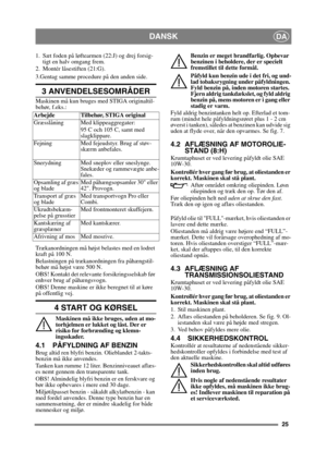 Page 2525
DANSKDA
1. Sæt foden på løftearmen (22:J) og drej forsig-tigt en halv omgang frem.
2. Montér låsestiften (21:G).
3.Gentag samme procedure på den anden side.
3 ANVENDELSESOMRÅDER
Maskinen må kun bruges med STIGA originaltil-
behør, f.eks.:
Trækanordningen må højst be lastes med en lodret 
kraft på 100 N.
Belastningen på trækanordningen fra påhængstil-
behør må højst være 500 N.
OBS! Kontakt det relevante forsikringsselskab før 
enhver brug af påhængsvogn.
OBS! Denne maskine er ikke beregnet til at køre...