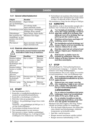 Page 2626
DANSKDA
4.4.1 Generel sikkerhedskontrol
4.4.2 Elektrisk sikkerhedskontrolSikkerhedssystemets funktion skal altid 
kontrolleres inden brug af maskinen.
4.5 START
1.  Åbn benzinhanen (10:U).
2.  Kontroller, at tændkablet/tændkablerne er monteret på tændstiften/tændstifterne.
3.  Kontrollér, at kraftudtaget er koblet fra. 
4.  Hold ikke foden på gearpedalen. 
5.  Koldstart - før gashåndtaget længst frem i chok- erstilling. 
Varmstart – sæt gashåndtaget på fuld gas (ca. 2 
cm bag chokerstillingen).
6....