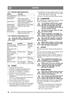 Page 3434
NORSKNO
4.4.1 Generell sikkerhetskontroll
4.4.2 Elektrisk sikkerhetskontrollKontroller alltid at sikkerhetssystemet 
fungerer hver gang maskinen tas i 
bruk.
4.5 START
1.  Åpne bensinkranen (10:U).
2.  Kontroller at tennkabelen/tennkablene er montert på tennpluggen/tennpluggene.
3.  Kontroller at strømuttaket er frakoplet. 
4.  Hold ikke foten på kjørepedalen. 
5. Kaldstart – still gassreguleringen lengst frem i  chokestilling. 
Varmstart – still gassreguleringen på full gass 
(ca. 2 cm bak...