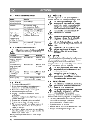 Page 1010
SVENSKASV
4.4.1 Allmän säkerhetskontroll
4.4.2 Elektrisk säkerhetskontrollSäkerhetssystemets funktion skall alltid 
kontrolleras före varje användning.
4.5 START
1.  Öppna bensinkranen (10:U).
2.  Kontrollera att tändka beln/tändkablarna är 
monterad/-e på tändstiftet/tändstiften.
3.  Kontrollera att kraftuttaget är urkopplat. 
4.  Håll inte foten på drivpedalen. 
5. Kallstart - ställ gasreglaget längst fram i  chokeläget. 
Varmstart - ställ gasreglaget på fullgas (ca 2 cm 
bakom chokeläget).
6....