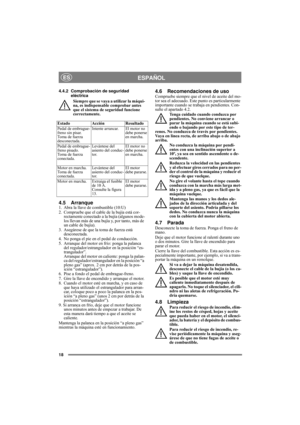 Page 1818
ESPAÑOLES
4.4.2 Comprobación de seguridad 
eléctrica
Siempre que se vaya a utilizar la máqui-
na, es indispensable comprobar antes 
que el sistema de seguridad funcione 
correctamente.
4.5 Arranque1.  Abra la llave de combustible (10:U)
2.  Compruebe que el cable de la bujía está cor-
rectamente conectado a la bujía (algunos mode-
los llevan más de una bujía y, por tanto, más de 
un cable de bujía).
3.  Asegúrese de que la toma de fuerza está 
desconectada. 
4.  No ponga el pie en el pedal de...