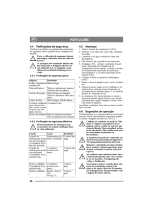 Page 2626
PORTUGUÊSPT
4.4 Verificações de segurançaVerificar se se obtêm os resultados das verificações 
de segurança abaixo quando testar a máquina em 
questão.
Estas verificações de segurança devem 
ser sempre realizadas antes de cada uti-
lização.
Se qualquer dos resultados abaixo não 
for alcançado, a máquina não deverá 
ser utilizada! Leve a máquina a uma 
oficina de assistência técnica para re-
visão.
4.4.1 Verificação de segurança geral
4.4.2 Verificação da segurança eléctrica
O funcionamento do sistema...
