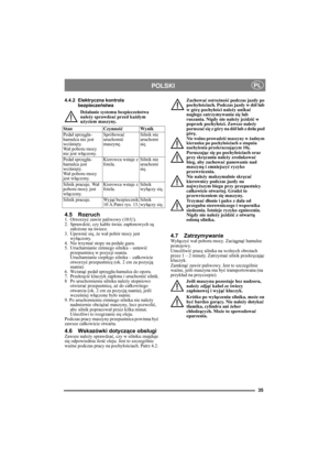 Page 3535
POLSKIPL
4.4.2 Elektryczna kontrola 
bezpieczeństwa
Działanie systemu bezpieczeństwa 
należy sprawdzać przed każdym 
użyciem maszyny.
4.5 Rozruch1. Otworzyć zawór paliwowy (10:U).
2. Sprawdzić, czy kable świec zapłonowych są 
założone na świece.
3. Upewnić się, że wał pobór mocy jest 
wyłączony. 
4. Nie trzymać stopy na pedale gazu. 
5.  Uruchamianie zimnego silnika – ustawić 
przepustnicę w pozycji ssania. 
Uruchamianie ciepłego silnika – całkowicie 
otworzyć przepustnicę (ok. 2 cm za pozycją...
