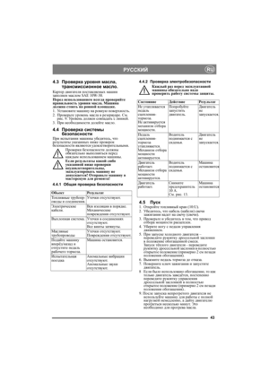 Page 4343
РУССКИЙRU
4.3Проверка уровня масла,
трансмиссионное масло.
Картер двигателя поставляемых машин 
заполнен маслом SAE 10W-30.
Перед использованием всегда проверяйте 
правильность уровня масла. Машина 
должна стоять на ровной площадке.
1.Ус т а н о в и т е машину на ровную поверхность.
2.Проверьте уровень масла в резервуаре. См. 
рис. 9. Уровень должен совпадать с линией. 
3.При необходимости долейте масло.
4.4Проверка системы
безопасности
При испытании машины убедитесь, что 
результаты указанных ниже...