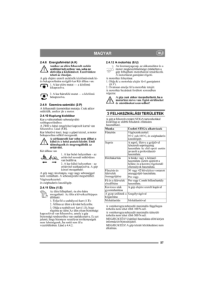 Page 5757
MAGYARHU
2.4.8 Energiafelvétel (4.K)
Amikor az előre felszerelt eszköz 
szállítási helyzetben van, soha ne 
aktiválja a közlőművet. Ezzel tönkre 
teheti az ékszíjat.
A gép elejére szerelt eszközök közlőművének ki- 
és bekapcsolására szolgáló kar Két állása van:
1. A kar előre mutat — a közlőmű 
kikapcsolva. 
 
2. A kar hátrafelé mutat — a közlőmű 
bekapcsolva. 
2.4.9 Üzemóra-számláló (2.P)
A felhasznált üzemórákat mutatja. Csak akkor 
működik, amikor jár a motor.
2.4.10 Kuplung kioldókar 
Kar a...