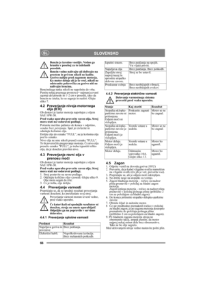 Page 6666
SLOVENSKOSL
Bencin je izredno vnetljiv. Vedno ga 
hranite v posebej za to izdelanih 
posodah. 
Bencin vedno nalivajte ali dolivajte na 
prostem in pri tem nikoli ne kadite. 
Gorivo nalijte pred zagonom motorja. 
Ko motor deluje ali je še vroč, nikoli ne 
odstranite pokrovčka za gorivo niti ne 
nalivajte bencina.
Bencinskega tanka nikoli ne napolnite do vrha. 
Pustite nekaj praznega prostora (= najmanj cevasti 
zgornji del posode in 1–2 cm v posodi), tako da 
bencin ne izteka, ko se segreje in razširi....