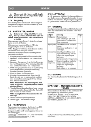 Page 3232
NORSKNO
Motoren må aldri kjøres med frakoplet 
batteri. Fare for alvorlige skader på ge-
nerator og el-system.
5.7.4 Rengjøring
Hvis batteripolene har oksidert, må de rengjøres. 
Rengjør batteripolene me d en stålbørste og smør 
dem inn med polfett.
5.8 LUFTFILTER, MOTOR
Det er svært viktig at  luftfilteret er in-
takt og korrekt montert. Start aldri mo-
toren uten luftfilter eller om luftfilteret 
er defekt.
Filterpatronen (papirfilter et, 9:A) skal rengjøres/
byttes hver 25. driftstime....