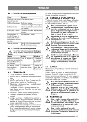 Page 5353
FRANÇAISFR
4.4.1 Contrôle de sécurité générale 
4.4.2 Contrôle de sécurité générale Contrôler le fonctionnement du disposi-
tif de sécurité avant chaque utilisation.
4.5 DÉMARRAGE
1. Ouvrir le robinet d’essence. Voir 8:U.
2. Vérifier que les câbles sont raccordés aux bou-gies.
3. Vérifier que la prise de force n’est pas activée. 
4. Ne pas laisser le pied sur l’accélérateur. 
5. Démarrage à froid du mote ur – mettre la manet-
te en position choke. 
Démarrage à chaud – mettre la manette sur 
plein...