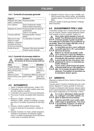 Page 6969
ITALIANOIT
4.4.1 Controllo di sicurezza generale
4.4.2 Controllo di si curezza elettrico
Controllare sempre il funzionamento 
del sistema di sicure zza prima delluso.
4.5 AVVIAMENTO
1. Aprire il rubinetto dell a benzina. Vedere 10:U.
2. Controllare che i cavi delle candele siano inse- riti nelle risp ettive candele.
3. Controllare che la presa di forza sia disinserita. 
4. Non tenere il piede sul pedale della trasmissio- ne. 
5. Partenza a freddo - chiudere l’aria.  Partenza a caldo - portare il...