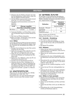 Page 5151
DEUTSCHDE
5. Montieren Sie die Ölablassschraube und schie-ben Sie die Klammer wieder zurück, sodass Sie 
über der Ölablassschraube klemmt.
6. Soll der Ölfilter ausgewechselt werden, konsul- tieren Sie 5.4.3, bevor Sie fortfahren.
7.  Den Ölmessstab herausnehmen und neues Öl  einfüllen.
Ölmenge:
8. Nach dem Einfüllen von Öl den Motor starten  und 30 Sekunden lang im Leerlauf arbeiten las-
sen. 
9. Das Gerät auf Öllecks überprüfen.
10.Motor ausstellen. 30 Sekunden warten und den  Ölstand gemäß 4.2...
