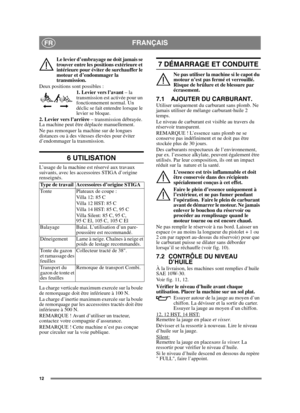 Page 1212
FRANÇAISFR
Le levier d’embrayage ne doit jamais se 
trouver entre les positions extérieure et 
intérieure pour éviter de surchauffer le 
moteur et d’endommager la 
transmission.
Deux positions sont possibles : 1. Levier vers l’avant  – la 
transmission est activée pour un 
fonctionnement normal. Un 
déclic se fait entendre lorsque le 
levier se bloque.
2. Levier vers l’arrière  – transmission débrayée. 
La machine peut être déplacée manuellement.
Ne pas remorquer la machine sur de longues 
distances...