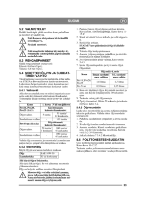 Page 2323
SUOMIFI
5.2 VALMISTELUTKaikki huoltotyöt pitää suorittaa kone paikallaan 
ja moottori pysäytettynä.Estä koneen siirtyminen kiristämällä 
seisontajarru.
Pysäytä moottori.
Estä moottorin tahaton käynnistys ir-
rottamalla sytytysjohdin ja poistamalla 
avain lukosta. 
5.3 RENGASPAINEETSäädä rengaspaineet seuraavasti:
Edessä: 0,6 bar (9 psi).
Takana: 0,4 bar (6 psi). 
5.4 MOOTTORIÖLJYN JA SUODAT-TIMEN VAIHTO
Tässä kappaleessa on useita taulukoita, jotka katta-
vat STIGA:n Pro-mallistoon kuuluvat moottorit....