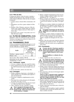 Page 108108
PORTUGUÊSPT
5.4.3 Filtro do óleo
Começar por drenar o óleo do motor e instalar o 
tampão de drenagem do óleo conforme descrito 
acima. Depois substituir o filtro do óleo, da seguin-
te maneira:
1. Limpar a área à volta do filtro e desmontar o fil-tro.
2. Humedecer com óleo a junta vedante do filtro  novo.
6. Instalar o filtro. Primeiro, enroscar o filtro de  forma a que a junta vedante fique em contacto 
com o motor. Depois enroscar o filtro mais ½ - 
¾ de volta.
7. Prosseguir com o ponto 7 de acordo...