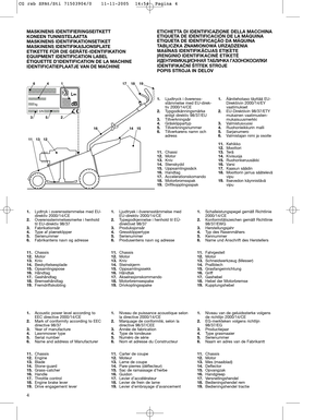 Page 64 MASKINENS IDENTIFIERINGSEITKETT
KONEEN TUNNISTELAATTA
MASKINENS IDENTIFIKATIONSETIKET
MASKINENS IDENTIFIKASJONSPLATE
ETIKETTE FÜR DIE GERÄTE-IDENTIFIKATION
EQUIPMENT IDENTIFICATION LABEL
ÉTIQUETTE D’IDENTIFICATION DE LA MACHINE
IDENTIFICATIEPLAATJE VAN DE MACHINEETICHETTA DI IDENTIFICAZIONE DELLA MACCHINA
ETIQUETA DE IDENTIFICACIÓN DE LA MÁQUINA
ETIQUETA DE IDENTIFICAÇÃO DA MÁQUINA
TABLICZKA ZNAMIONOWA URZĄDZENIA
MAš±NAS IDENTIFIKÅCIJAS ETIµETE
ØRENGINIO IDENTIFIKACINñ ETIKETñ
à àÑ
ÑÖ
Öç
çí
íà
àî
îà...