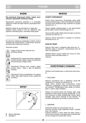 Page 528
POLSKIPLPL
WAŻNE
Dla  wskazówek  dotyczących  silnika  i  baterii,  skon-
sultować odpowiednie instrukcje obsługi.
Wyposażenie  oznaczone  gwiazdką  (*)  w  przypadku
niektórych modeli lub krajów stanowi wyposażenie stan-
dardowe.
Niektóre modele nie są wyposażone w cięgło gazu.
Prędkość  silnika  została  w  nich  tak  ustawiona,  żeby
zapewnić optymalną pracę i minimalną emisję spalin.
SYMBOLE
Na  maszynie  znajdują  się  następujące  symbole,  których
zadaniem  jest  przypominanie  o  konieczności...
