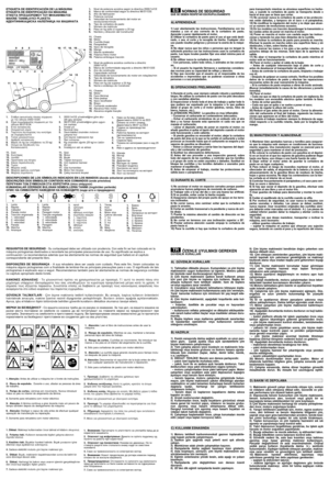 Page 31. Dikkat: Makineyi kullanmadan önce talimat el kitabını okuyunuz.
2.  Fırlama riski. Kullanım esnasında kiﬂileri çalıﬂma alanının
dıﬂında tutunuz.
3. Kesilme riski. Bıçaklar hareket halinde. Bıçak yuvasının içine
ellerinizi veya ayaklarınızı sokmayınız.
4. Sadece elektrikli motorlu çim biçme makinesi için.
5.  Dikkat: Bıçak, makinenin kapatılmasından sonra da belirli bir
süre dönmeye devam eder.
6.  Dikkat: Herhangi bir bakım veya onarım iﬂlemini gerçekleﬂtirme-
den önce buji baﬂlı¤ını fiﬂten çıkarın....