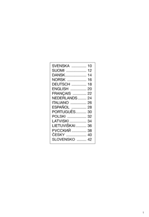 Page 31
SVENSKA .............. 10
SUOMI ................... 12
DANSK.................... 14
NORSK .................. 16
DEUTSCH .............. 18
ENGLISH ............... 20
FRANÇAIS ............. 22
NEDERLANDS ........ 24
ITALIANO ............... 26
ESPAÑOL .............. 28
PORTUGUÊS .......... 30
POLSKI.................. 32
LATVISKI................ 34
LIETUVIŠKAI.......... 36
êìëëäàâ.............. 38
ČESKY................... 40
SLOVENSKO......... 42 
