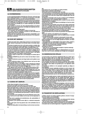 Page 1224
VEILIGHEIDSVOORSCHRIFTENVÓÓR HET GEBRUIK AANDACHTIG DOORLEZEN
1) Lees de gebruiksaanwijzing aandachtig door. Zorg dat u vertrouwd raakt
met de bedieningsknoppen en u in staat bent de grasmaaier op de juiste
wijze te gebruiken. Leer hoe u de motor snel kunt uitschakelen.
2) Gebruik de grasmaaier uitsluitend voor het doel waarvoor hij is bestemd,
dat wil zeggen voor het maaien en het opvangen van gras. Ieder doel waar-
voor de grasmaaier wordt gebruikt en dat niet in de gebruiksaanwijzingen
wordt...