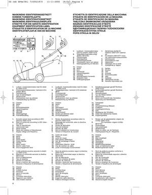 Page 64 MASKINENS IDENTIFIERINGSEITKETT
KONEEN TUNNISTELAATTA
MASKINENS IDENTIFIKATIONSETIKET
MASKINENS IDENTIFIKASJONSPLATE
ETIKETTE FÜR DIE GERÄTE-IDENTIFIKATION
EQUIPMENT IDENTIFICATION LABEL
ÉTIQUETTE D’IDENTIFICATION DE LA MACHINE
IDENTIFICATIEPLAATJE VAN DE MACHINEETICHETTA DI IDENTIFICAZIONE DELLA MACCHINA
ETIQUETA DE IDENTIFICACIÓN DE LA MÁQUINA
ETIQUETA DE IDENTIFICAÇÃO DA MÁQUINA
TABLICZKA ZNAMIONOWA URZĄDZENIA
MAš±NAS IDENTIFIKÅCIJAS ETIµETE
ØRENGINIO IDENTIFIKACINñ ETIKETñ
à àÑ
ÑÖ
Öç
çí
íà
àî
îà...