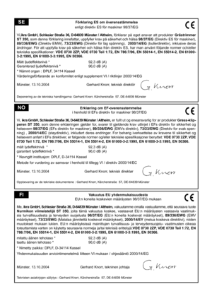 Page 46
Förklaring ES om överensstämmelse
enligt direktiv ES för maskiner 98/37/EG
Vi, ikra GmbH, Schlesier Straße 36, D-64839 Münster / Altheim,   förklarar  på  eget  ansvar  att  produkter 
Grästrimmer 
ST 350,  som denna förklaring innefattar, uppfyller krav på säkerhet och hälsa  98/37/EG (Direktiv ES för maskiner), 
89/336/EWG (Direktiv EMW), 73/23/EWG (Direktiv för låg spänning),   2000/14/EG (bullerdirektiv), inklusive deras 
ändringar.  För  att  uppfylla  krav  på  säkerhet  och  hälsa  från  direktiv...