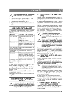 Page 9595
PORTUGUÊSPT
Não rodar a alavanca com as mãos. Ris-
co de ferimentos por esmagamento.
1. Coloque o pé sobre a alavanca (20:J) e, com  cuidado, rode meia volta para a frente.
2. Coloque o pino de bloqueio (19:G).
3. Repita no outro lado o procedimento acima des- crito.
3 ÁREAS DE UTILIZAÇÃO
A máquina só pode ser utilizada para os seguintes 
trabalhos utilizando os acessórios genuínos da 
STIGA indicados.
A carga vertical máxima sobre o dispositivo de re-
boque não pode ser superior a 100 N.
A carga de...