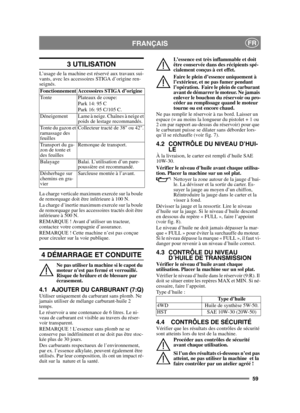 Page 5959
FRANÇAISFR
3 UTILISATION
L’usage de la machine est réservé aux travaux sui-
vants, avec les accessoires STIGA d’origine ren-
seignés.
La charge verticale maximum exercée sur la boule 
de remorquage doit être inférieure à 100 N.
La charge d’inertie maximum exercée sur la boule 
de remorquage par les accessoires tractés doit être 
inférieure à 500 N.
REMARQUE ! Avant d’utiliser un tracteur, 
contactez votre compagnie d’assurance.
REMARQUE ! Cette machine n’est pas conçue 
pour circuler sur la voie...