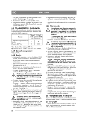 Page 8080
ITALIANOIT
7. Ad ogni rifornimento, avviare il motore e pro-cedere al minimo per 30 secondi. 
8. Controllare che non vi siano perdite d’olio.
9. Spegnere il motore. Attendere 30 secondi e con- trollare nuovamente il livello dell’olio secondo 
quanto indicato in 4.2.
5.5 TRASMISSIONE, OLIO (4WD)Lolio nella trasmissione idraulica devono essere 
controllati/regolati e sostituiti agli intervalli indi-
cati nella tabella seguente.
Tipo di olio: Olio sintetico 5W-50.
Quantità d’olio al cambio dell’olio:...