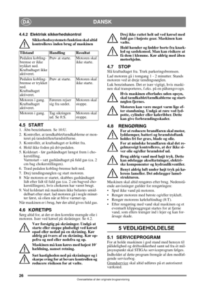 Page 2626
DANSKDA
Oversættelse af den originale brugsanvisning
4.4.2 Elektrisk sikkerhedskontrol
Sikkerhedssystemets funktion skal altid 
kontrolleres inden brug af maskinen
4.5 START1.  Åbn benzinhanen. Se 10:U.
2.  Kontroller, at tændkablet/tændkablerne er mon-
teret på tændstiften/tændstifterne.
3.  Kontrollér, at kraftudtaget er koblet fra. 
4. Hold ikke foden på drivpedalen. 
5. Koldstart - før gashåndtaget længst frem i cho-
kerstilling. 
Varmstart – sæt gashåndtaget på fuld gas (ca. 2 
cm bag...