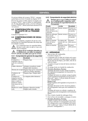 Page 107107
ESPAÑOLES
Si está por debajo de la marca “FULL“, reponga 
aceite hasta ese nivel. Consulte las figuras 10-11.
El nivel de aceite no debe superar en ningún caso 
la marca “FULL”, pues el motor se sobrecalenta-
ría. Si echa demasiado aceite y el nivel sobrepasa 
la marca “FULL”, drene aceite hasta alcanzar el ni-
vel correcto.
4.3 COMPROBACIÓN DEL NIVEL DE ACEITE DE LA TRANSMI-
SIÓN
Consulte el apartado 5.6.1
4.4 COMPROBACIONES DE SEGU-RIDAD
Al probar la máquina, asegúrese de que las com-
probaciones...