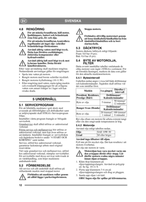 Page 1212
SVENSKASV
4.8 RENGÖRING
För att minska brandfaran, håll motor, 
ljuddämpare, batteri och bränsletank 
rena från gräs, löv och olja.
För att minska brandfaran, kontrollera 
regelbundet att inget olje- och/eller 
bränsleläckage förekommer. 
Använd aldrig vatten med högt tryck. 
Detta kan förstöra axeltätningar, 
elektriska komponenter eller 
hydraulventiler.
Använd aldrig luft med högt tryck mot 
kylarnas lameller. Detta förstör 
lamellstrukturen. 
Efter varje användning skall maskinen rengöras....