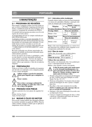 Page 120120
PORTUGUÊSPT
5 MANUTENÇÃO
5.1 PROGRAMA DE REVISÕESPara manter a máquina sempre em bom estado no 
que se refere a fiabilidade e segurança de funciona-
mento, e também do ponto de vista ecológico, deve 
seguir-se o programa de assistência da STIGA.
O conteúdo deste programa encontra-se no livro de 
registo de revisões anexo.
A revisão básica
 deverá ser sempre realizada por 
uma oficina autorizada.
A primeira revisão e a revisão intermédia
 devem 
ser realizadas por uma oficina autorizada mas tam-
bém...