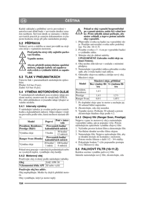 Page 154154
ČEŠTINACS
Každý základní a pr ůb ěžný servis provedený v 
autorizované dílně  bude v servisním deníku ozna-
č en razítkem. Servisní deník se záznamy o tě chto 
servisních pracích je cenným dokumentem zvyšu-
jícím hodnotu stroje p ři jeho následném prodeji.
5.2 P ŘÍPRAVAVeškerý servis a údržba se musí provád ět na stojí-
cím stroji s vypnutým motorem.
Proti pohybu stroj vždy zajist ěte parko-
vací brzdou.
Vy p n ěte motor.
Abyste p ředešli neúmyslnému spušt ění 
motoru, odpojte kabely od zapalova-...
