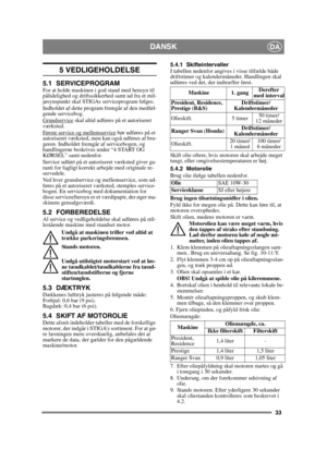 Page 3333
DANSKDA
5 VEDLIGEHOLDELSE
5.1 SERVICEPROGRAMFor at holde maskinen i god stand med hensyn til 
pålidelighed og driftssikkerhed samt ud fra et mil-
jøsynspunkt skal STIGAs serviceprogram følges.
Indholdet af dette program fremgår af den medføl-
gende servicebog.
Grundservice
 skal altid udføres på et autoriseret 
værksted.
Første service og mellemservice
 bør udføres på et 
autoriseret værksted, men kan også udføres af bru-
geren. Indholdet fremgår af servicebogen, og 
handlingerne beskrives under “4...