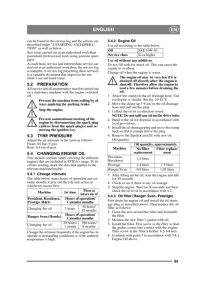 Page 6565
ENGLISHEN
can be found in the service log and the actions are 
described under “4 STARTING AND OPERA-
TION” as well as below.
Servicing carried out at an authorised workshop 
guarantees professional work using genuine spare 
parts.
At each basic service and intermediate service car-
ried out at an authorised workshop, the service log 
is stamped. A service log presenting these services 
is a valuable document that improves the ma-
chine’s second-hand value.
5.2 PREPARATIONAll service and all...