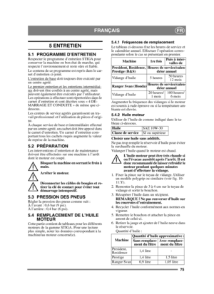Page 7575
FRANÇAISFR
5 ENTRETIEN
5.1 PROGRAMME D’ENTRETIENRespecter le programme d’entretien STIGA pour 
conserver la machine en bon état de marche, qui 
respecte l’environnement et reste sûre et fiable.
Le contenu de ce programme est repris dans le car-
net d’entretien ci-joint.
L’entretien de base
 doit toujours être exécuté par 
un centre agréé.
Le premier entretien et les entretiens intermédiai-
res doivent être confiés à un centre agréé, mais 
peuvent également être exécutés par l’utilisateur. 
Les...