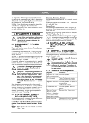 Page 9595
ITALIANOIT
Al dispositivo di traino può essere applicata una 
forza verticale massima di 100 N. Per il dispositivo 
di traino la forza di spinta degli accessori trainati 
può ammontare al massimo a 500 N.
NOTA! Prima di utilizzare un carrello rimorchio, 
contattare la compagnia di assicurazione.
NOTA! Questa macchina non è destinata al traffi-
co sulla pubblica via.
4 AVVIAMENTO E MARCIA
La macchina non funziona se il conteni-
tore motore non è chiuso e bloccato. Vi 
è il rischio di ustioni e di...
