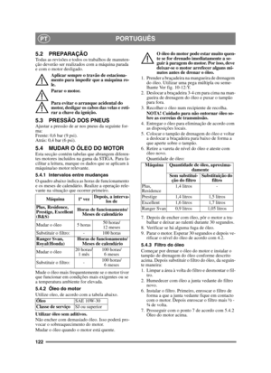 Page 122122
PORTUGUÊSPT
5.2 PREPARAÇÃOTodas as revisões e todos os trabalhos de manuten-
ção deverão ser realizados com a máquina parada 
e com o motor desligado.Aplicar sempre o travão de estaciona-
mento para impedir que a máquina ro-
le.
Parar o motor.
Para evitar o arranque acidental do 
motor, desligar os cabos das velas e reti-
rar a chave da ignição. 
5.3 PRESSÃO DOS PNEUSAjustar a pressão de ar nos pneus da seguinte for-
ma:
Frente: 0,6 bar (9 psi).
Atrás: 0,4 bar (6 psi). 
5.4 MUDAR O ÓLEO DO MOTOREsta...