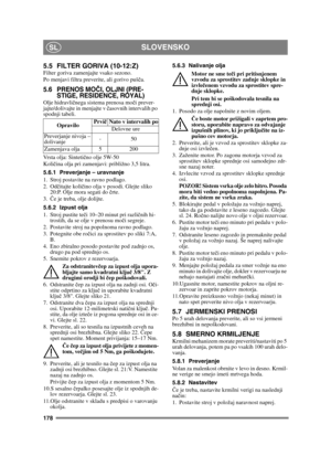 Page 178178
SLOVENSKOSL
5.5 FILTER GORIVA (10-12:Z)Filter goriva zamenjajte vsako sezono.
Po menjavi filtra preverite, ali gorivo pušča.
5.6 PRENOS MO ČI, OLJNI (PRE-
STIGE, RESIDENCE, ROYAL)
Olje hidravli čnega sistema prenosa mo či prever-
jajte/dolivajte in menjajte v  časovnih intervalih po 
spodnji tabeli.
Vrsta olja: Sinteti čno olje 5W-50
Koli čina olja pri zamenjavi: približno 3,5 litra.
5.6.1 Preverjanje – uravnanje
1. Stroj postavite na ravno podlago.
2. Od čitajte koli čino olja v posodi. Glejte sliko...