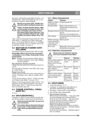 Page 185185
EESTI KEELESET
Kasutada võib keskkonnasäästlikku bensiini, st al-
külaatbensiini. Selle bensiinitüübi koostis on ini-
mestele ja loodusele vähem kahjulik.Bensiin on kergesti süttiv. Hoidke ben-
siini alati selleks mõeldud konteinerites. 
Valage või lisage bensiini üksnes väljas 
ja ärge kunagi suitsetage bensiini vala-
mise või lisamise ajal. Enne mootori 
käivitamist täitke masin kütusega. Ärge 
kunagi eemaldage täitekorki ega valage 
bensiini, kui mootor töötab või on veel 
soe.
Ärge valage...