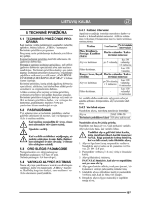 Page 197197
LIETUVIŲ KALBALT
5 TECHNIN Ė PRIEŽI ŪRA
5.1 TECHNIN ĖS PRIEŽIŪROS PRO-
GRAMA
Kad mašina veikt ų patikimai ir saugiai bei neteršt ų 
aplinkos, b ūtina laikytis „STIGA“ nustatytos 
Technin ės prieži ūros programos.
Program ą rasite pridedamoje techninė s priežiūros 
knygel ėje.
Esmin ė technin ė prieži ūra
 turi b ūti atliekama tik 
į galiotoje dirbtuv ėje.
Pirm ąją  ir tarpines technines prieži ūras 
 gali atlikti 
į galiotos dirbtuv ės specialistai arba pats mašinos 
naudotojas.  Technin ės prieži...