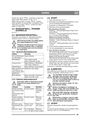 Page 4343
NORSKNO
Fyll på olje opp til ”FULL”-merket hvis oljenivået 
ligger under dette merket. Se fig. 10-12.
Oljenivået må aldri overstige ”FULL”-merket. 
Dette medfører at motoren blir overopphetet. Hvis 
oljenivået overstiger ”FULL”-merket må oljen 
tappes til riktig nivå.
4.3 NIVÅKONTROLL, TRANSMI-SJONSOLJE
Se 5.6.1.
4.4 SIKKERHETSKONTROLLKontroller at resultatet av sikkerhetskontrollen 
nedenfor innfris ved test av aktuell maskin.
Sikkerhetskontrollen skal alltid utføres 
hver gang maskinen tas i bruk....