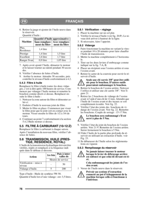 Page 7878
FRANÇAISFR
6.  Retirer la jauge et ajouter de l’huile neuve dans le réservoir.
Quantité d’huile :
7. Après avoir ajouté l’huile, démarrer le moteur  et le laisser tourner au ralenti pendant 30 secon-
des. 
8. Vérifier l’absence de fuites d’huile.
9.  Arrêter le moteur. Attendre 30 secondes, puis  contrôler le niveau d’huile conformément à 4.2.
5.4.3 Filtre à huile
Remplacer le filtre à huile toutes les deux vidan-
ges, c’est-à-dire après 100 heures de service. Com-
mencer par vidanger l’huile moteur...