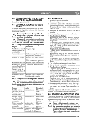Page 109109
ESPAÑOLES
4.3 COMPROBACIÓN DEL NIVEL DE ACEITE DE LA TRANSMISIÓN
Consulte el apartado 5.6.1
4.4 COMPROBACIONES DE SEGU-RIDAD
Al probar la máquina, asegúrese de que las com-
probaciones de seguridad indicadas más abajo dan 
el resultado correcto.
Las comprobaciones de seguridad de-
ben llevarse a cabo cada vez que se vaya 
a utilizar la máquina.
Si alguno de los resultados obtenidos no 
es satisfactorio, ¡no utilice la máquina! 
Llévela a un taller para que la revisen.
4.4.1 Comprobación general de...