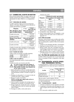 Page 111111
ESPAÑOLES
5.4 CAMBIO DEL ACEITE DE MOTOREsta sección incluye tablas con datos sobre los di-
ferentes motores de la gama de STIGA. Consulte 
únicamente los datos relativos a su máquina/mo-
tor.
5.4.1 Intervalos de cambio
La tabla siguiente indica las horas de funciona-
miento y los meses. Realice la acción indicada en 
el plazo que primero se cumpla.
Cambie el aceite más a menudo si el motor tiene 
que trabajar en condiciones duras o si la tempera-
tura ambiente es elevada.
5.4.2 Aceite de motor...