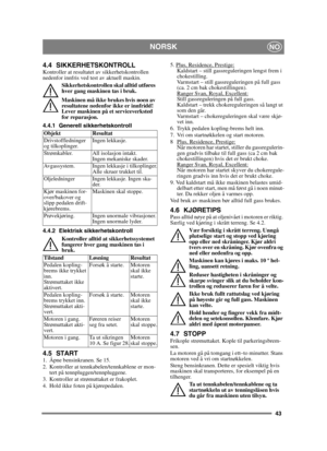 Page 4343
NORSKNO
4.4 SIKKERHETSKONTROLLKontroller at resultatet av sikkerhetskontrollen 
nedenfor innfris ved test av aktuell maskin.Sikkerhetskontrollen skal alltid utføres 
hver gang maskinen tas i bruk.
Maskinen må ikke brukes hvis noen av 
resultatene nedenfor ikke er innfridd! 
Lever maskinen på et serviceverksted 
for reparasjon.
4.4.1 Generell sikkerhetskontroll
4.4.2 Elektrisk sikkerhetskontroll Kontroller alltid at sikkerhetssystemet 
fungerer hver gang maskinen tas i 
bruk.
4.5 START1.  Åpne...