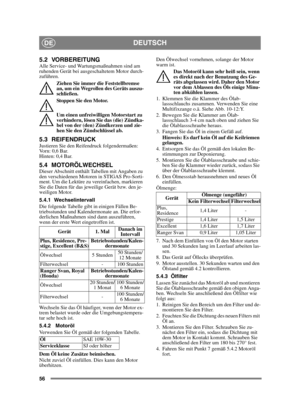 Page 5656
DEUTSCHDE
5.2 VORBEREITUNGAlle Service- und Wartungsmaßnahmen sind am 
ruhenden Gerät bei ausgeschaltetem Motor durch-
zuführen.Ziehen Sie immer die Feststellbremse 
an, um ein Wegrollen des Geräts auszu-
schließen.
Stoppen Sie den Motor.
Um einen unfreiwilligen Motorstart zu 
verhindern, lösen Sie das (die) Zündka-
bel von der (den) Zündkerzen und zie-
hen Sie den Zündschlüssel ab. 
5.3 REIFENDRUCKJustieren Sie den Reifendruck folgendermaßen:
Vorn: 0,6 Bar.
Hinten: 0,4 Bar. 
5.4 MOTORÖLWECHSELDieser...