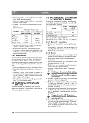 Page 100100
ITALIANOIT
4. Consegnare lolio per lo smaltimento in confor-mità con le normative locali.
5. Inserire il tappo di scarico dellolio e riportare la  fascetta sopra il tappo.
6.  Estrarre l’asta dell’olio e rabboccare con olio  nuovo.
Quantità dolio:
7. Ad ogni rifornimento, avviare il motore e pro- cedere al minimo per 30 secondi. 
8. Controllare che non vi siano perdite d’olio.
9. Spegnere il motore. Attendere 30 secondi e con- trollare nuovamente il livello dell’olio secondo 
quanto indicato in 4.2....