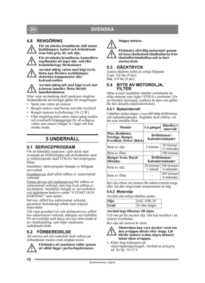 Page 1212
SVENSKASV
Bruksanvisning i original
4.8 RENGÖRING
För att minska brandfaran, håll motor, 
ljuddämpare, batteri och bränsletank 
rena från gräs, löv och olja.
För att minska brandfaran, kontrollera 
regelbundet att inget olje- och/eller 
bränsleläckage förekommer. 
Använd aldrig vatten med högt tryck. 
Detta kan förstöra axeltätningar, 
elektriska komponenter eller 
hydraulventiler.
Använd aldrig luft med högt tryck mot 
kylarnas lameller. Detta förstör 
lamellstrukturen. 
Efter varje användning skall...
